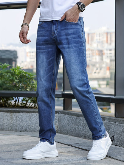 Men's Slim-Fit Stretch Denim Jeans - Casual Street Style, Mid-Rise, Light Blue, Comfortable & Versatile for All Seasons