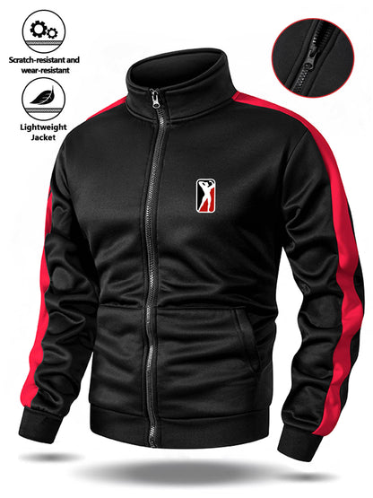 Men's Stand Collar Zip-Up Jacket with Striped Sleeves for Spring