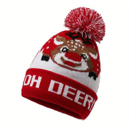 Unisex Adult & Youth Stretch Knit Beanie Hat Set with Deer & Reindeer Ears - Warm Winter Pom-Pom Christmas Cap, Red/White/Black, Hand Washable, Festive New Year's & Xmas Party Outfits, Casual Winter Wear, Deer Face Design wit