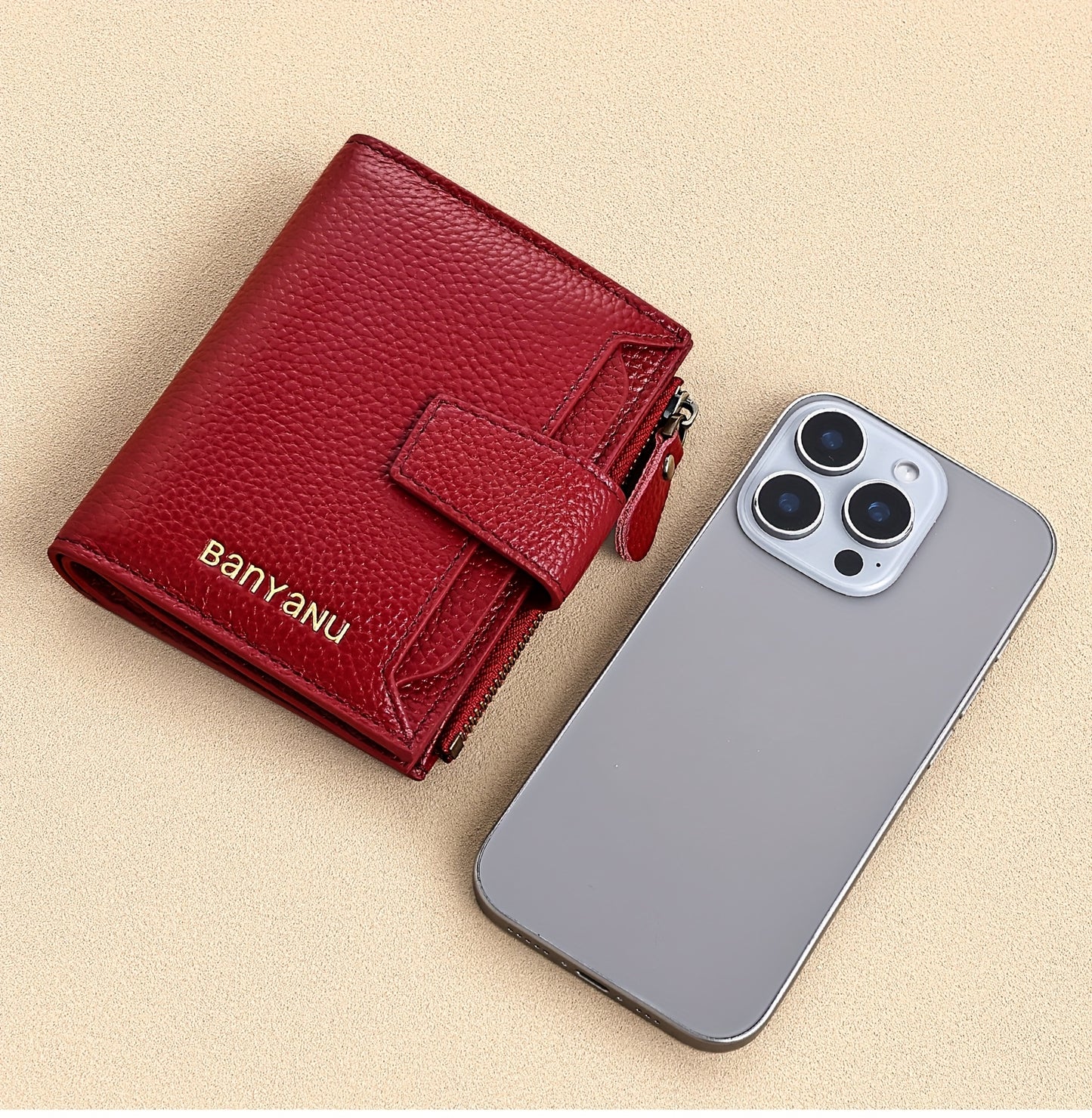 BANYANU Women'S Genuine Faux Leather Wallet - Red Lychee Grain Texture, Multi-Card Slots, Zippered Coin Pocket, Detachable ID Window, Compact Design for Everyday Use, Secure Coin Storage | Stylish Wallet | Synthetic