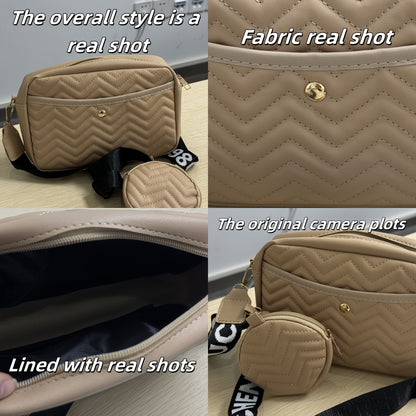 New Quilted Shoulder Bag, Casual Zipper Crossbody Bag, V-Pattern Two Piece Small Square Bag, Shoulder Bag with Zero Wallet, Letter Shoulder Strap, Coin Wallet, Card Bag, Phone Bag, Camera Bag, Lipstick Bag, Key Bag(8.66*5.12*