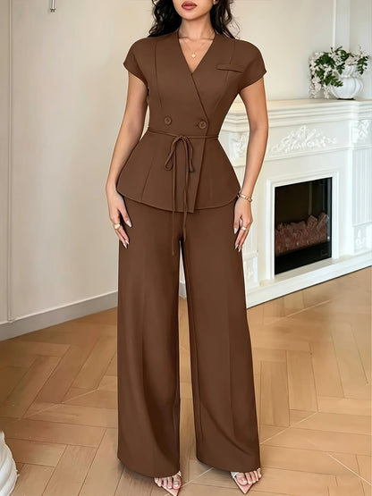 Women's 2-Piece Bell Sleeve Belted Casual Suit for Spring