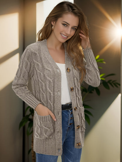 Elegant Women's Cable-Knit Cardigan - Cozy Button-Up V-Neck Sweater Jacket with Pockets, Long Sleeves in Heather Gray, 100% Polyester, Machine Washable for Fall/Winter