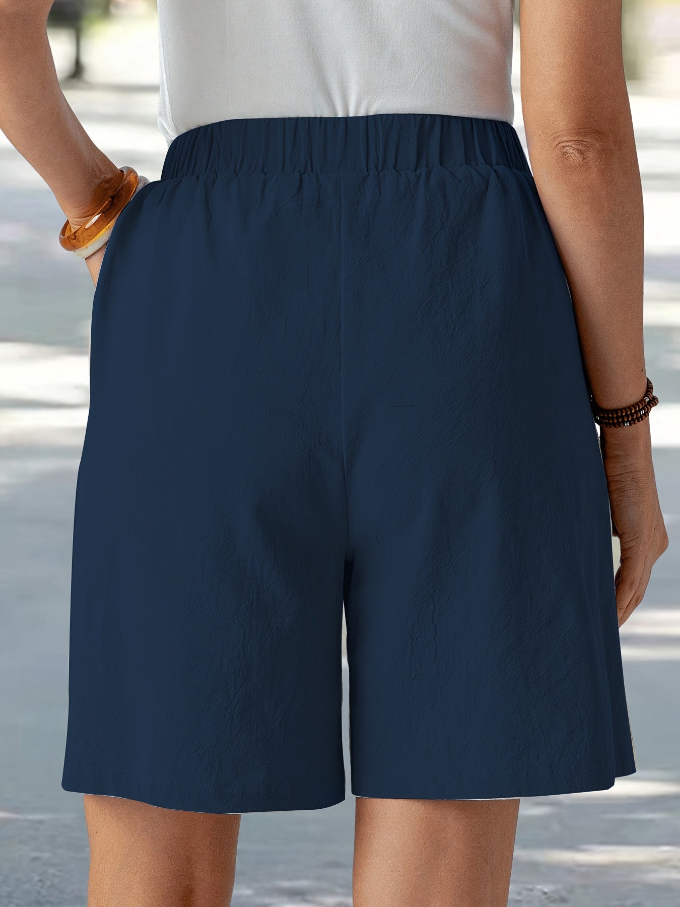 Women'S Elegant Solid Color Casual Comfort Shorts, 95% Polyester 5% Elastane, Summer Woven Fabric, 120g/m², Loose Fit - Navy Blue