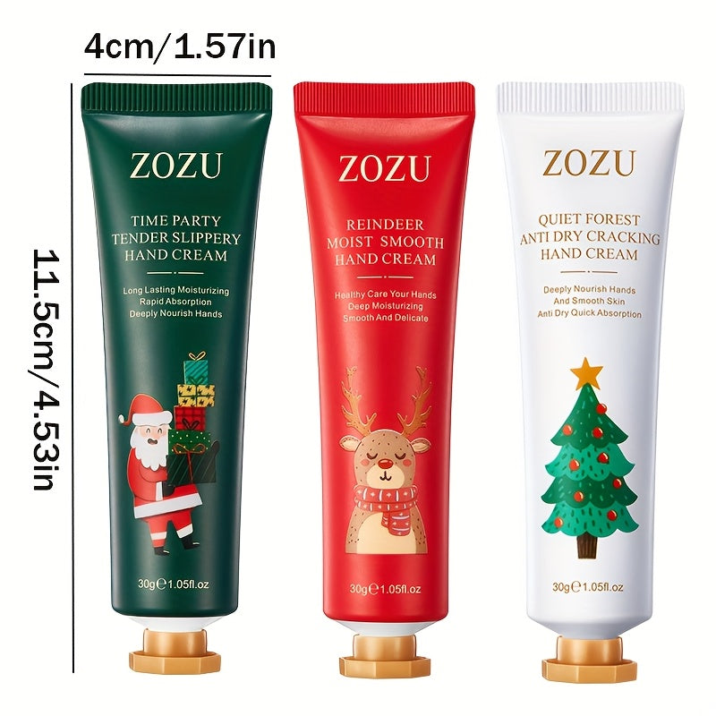 ZOZU Holiday Hand Cream Set of 3: Christmas Combination Hand Cream Gift Box, Merry Christmas Pattern (Santa Claus, Reindeer, Tree) - Moisturizing, Softening, Anti-Crack Formula, 30g Portable Pack, Suitable for Men and Women,