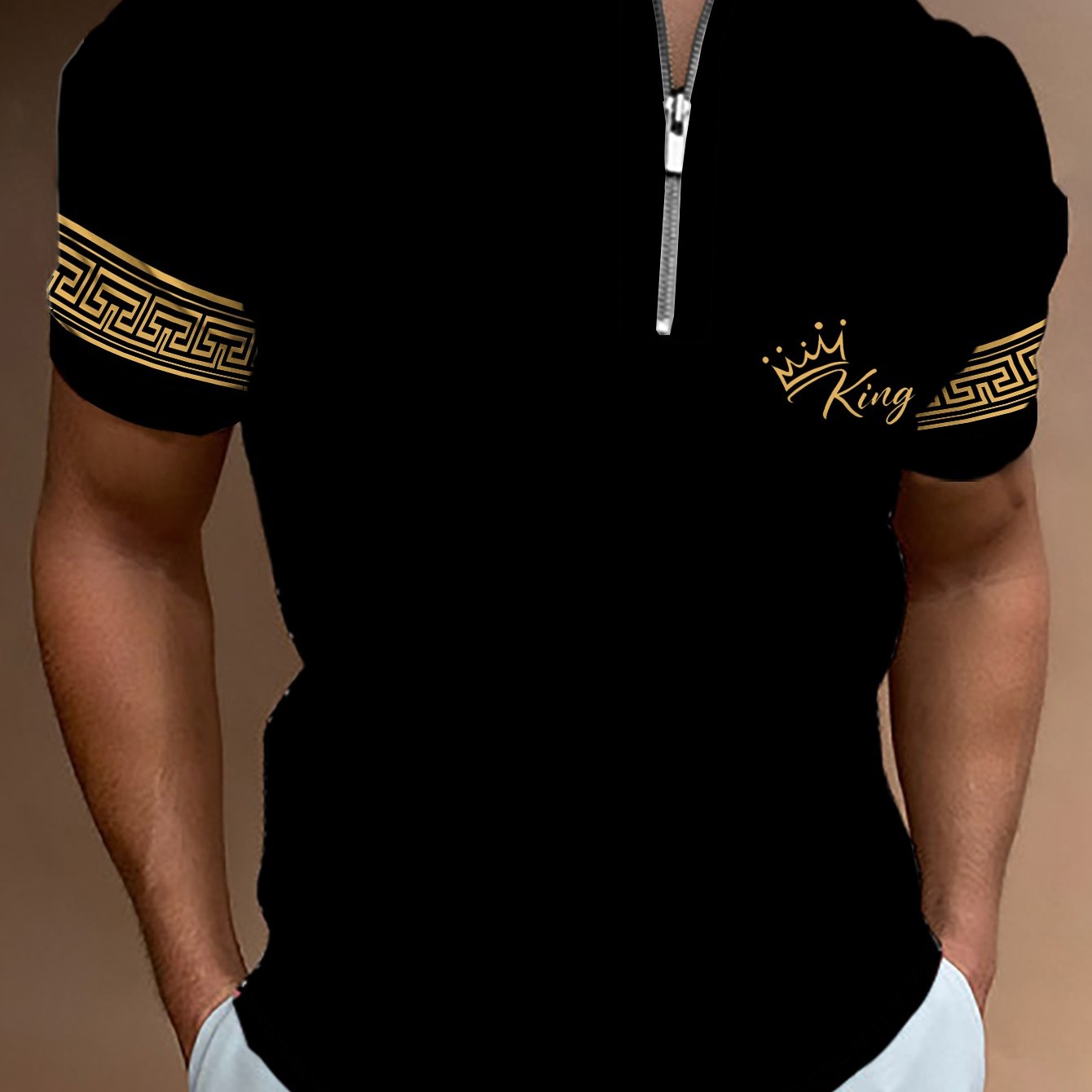 Men's Fashion Stand Collar Zip Short Sleeve Shirt Trendy Geometric Pattern Crown Letter Print Casual T-Shirt||, - ayq