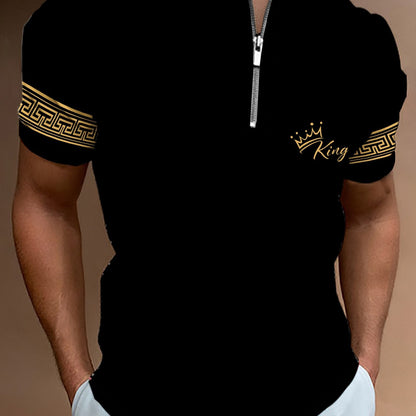 Men's Fashion Stand Collar Zip Short Sleeve Shirt Trendy Geometric Pattern Crown Letter Print Casual T-Shirt||, - ayq