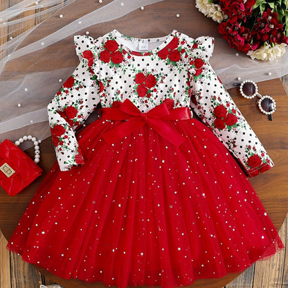 COVIVIKY Girls' Elegant Long Sleeve Party Dress with Puff Skirt & Sheer Panel - Knee-Length A-Line Wedding Prom Dress, Belted Waist Bow & Netting Trim, Hand Washable Winter Formal Gown for Girls (Age 4-12)