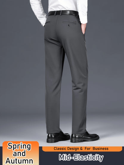 Men's Solid Color Dress Pants, Classic Design Slightly Stretch Formal Dress Pants For Business Occasions, Spring And Fall