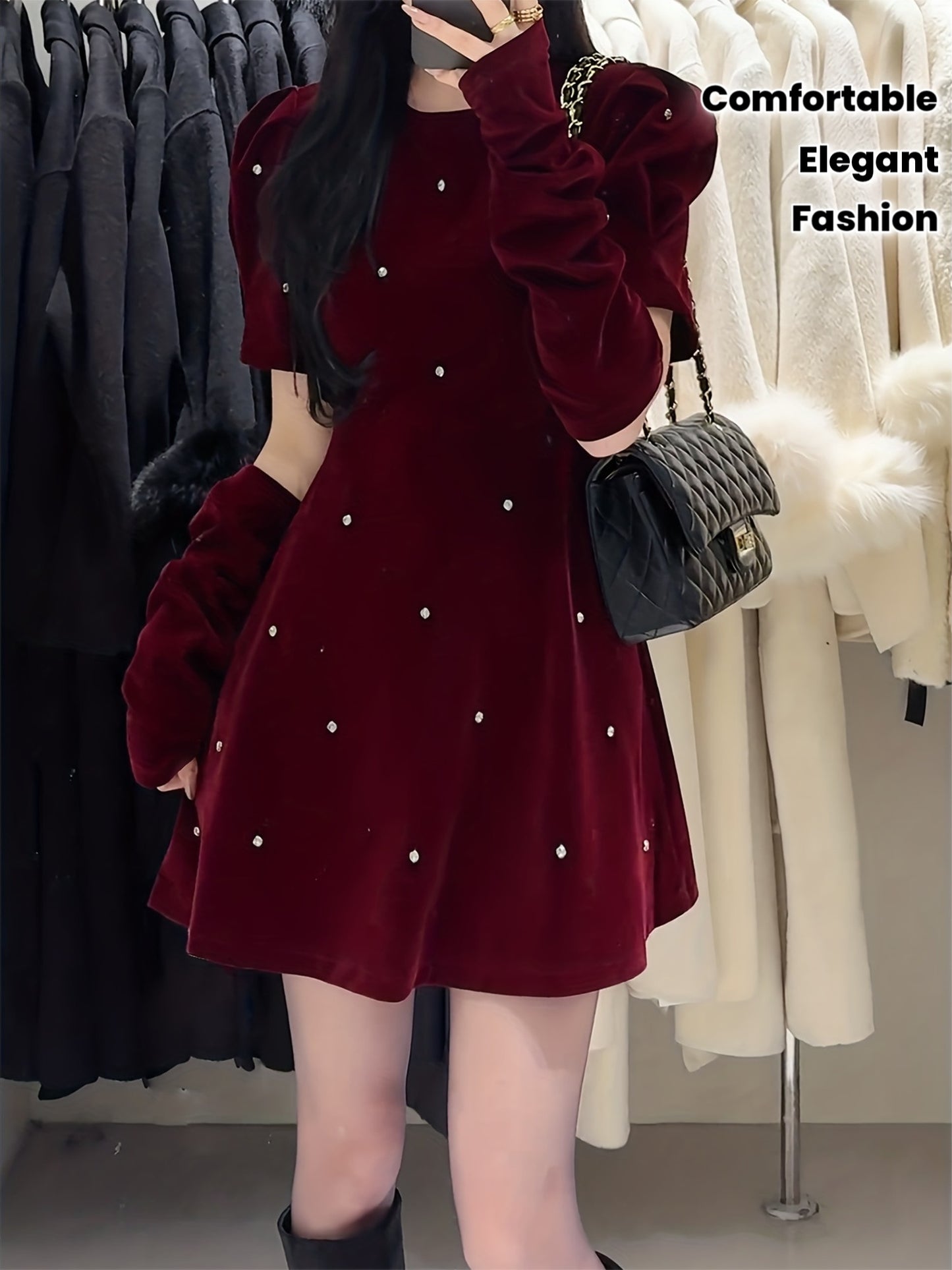 Women'S Elegant French Dress - Chic Office to Party Outfit, Back Zipper Closure, Flattering Fit for Fall/Winter, Everyday & Formal Events - Women'S Dresses for Women, Winter Fashion, Rhinestone Embellishment, Comfortable Fabr