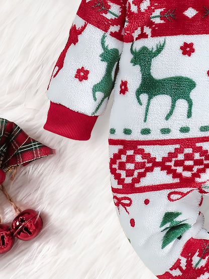1pc Girls' Winter Warm Hooded Plush Outfit - Soft Long Sleeve Romper with Deer & Tree Pattern, Cozy Fleece Lined Leggings, Red & Green Holiday Design, for Outdoor, Christmas, New Year - Machine Washable, Perfect For Outdoor