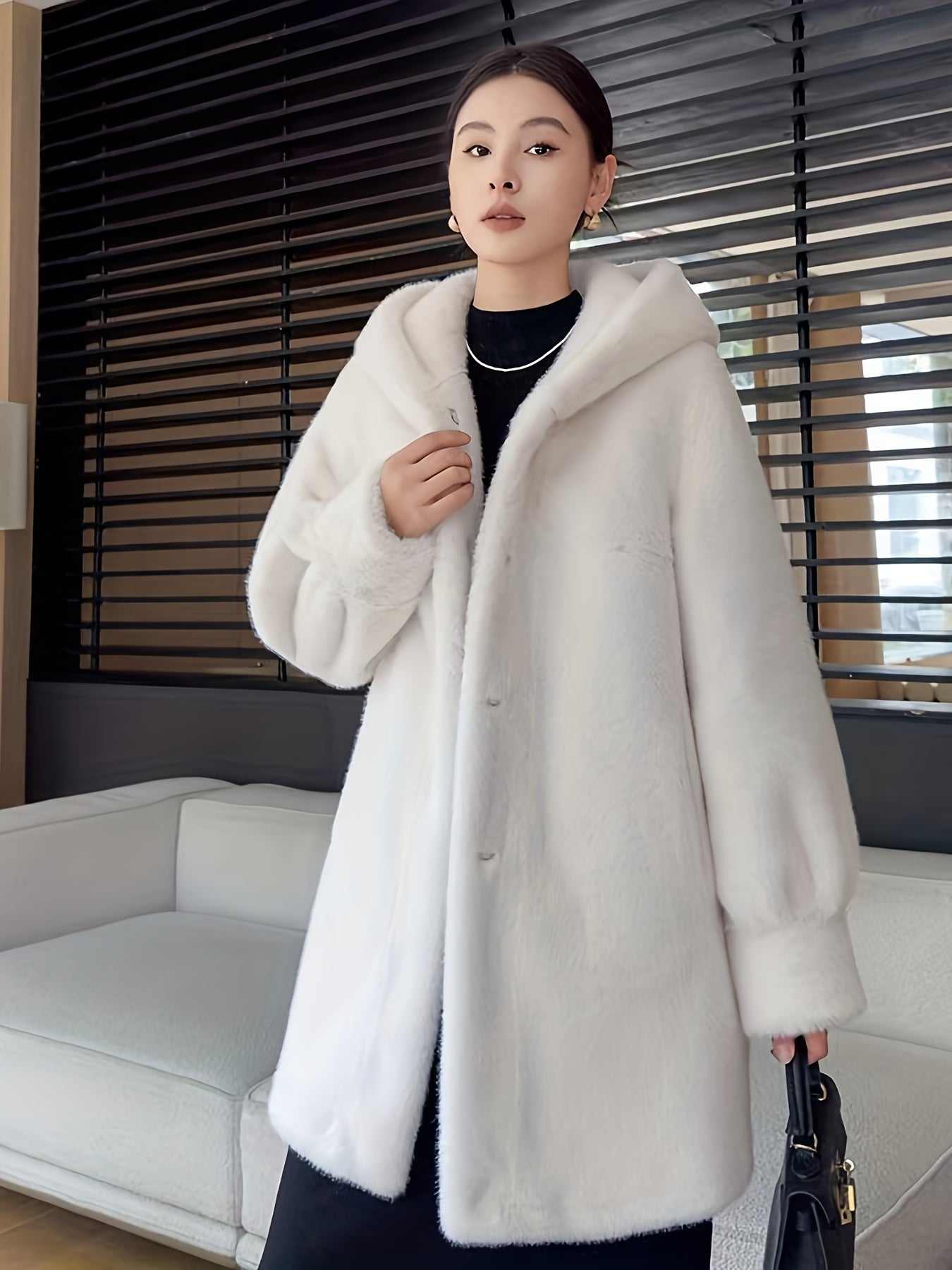 Women's Oversized Faux Fur Coat with Plush Collar & Full-Length Fur Trim - Winter Warm A-Line Mid-Length Jacket, Machine Washable Large Size Winter Coat for Women, Elegant Outerwear for Casual & Formal Events (Solid Black, Br