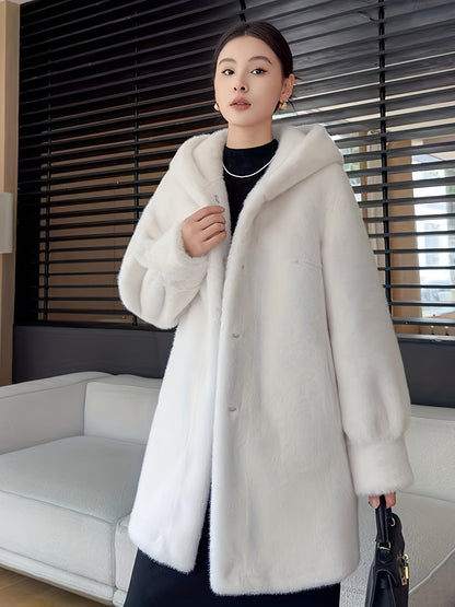 Women's Oversized Faux Fur Coat with Plush Collar & Full-Length Fur Trim - Winter Warm A-Line Mid-Length Jacket, Machine Washable Large Size Winter Coat for Women, Elegant Outerwear for Casual & Formal Events (Solid Black, Br