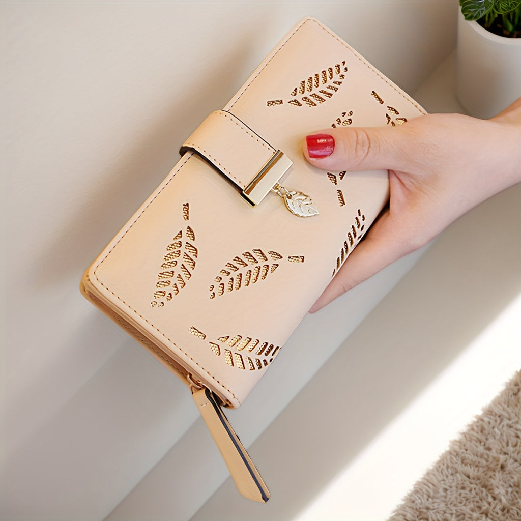 Perfect Christmas Gift for Her: Elegant Women's Long Wallet with Hollow Leaf Pattern & Gold Metal Pendant, Detachable ID Window, Zipper Coin Purse, Multiple Card Slots - Stylish PU  Clutch in Khaki, Blue, Black, Brown, Pink