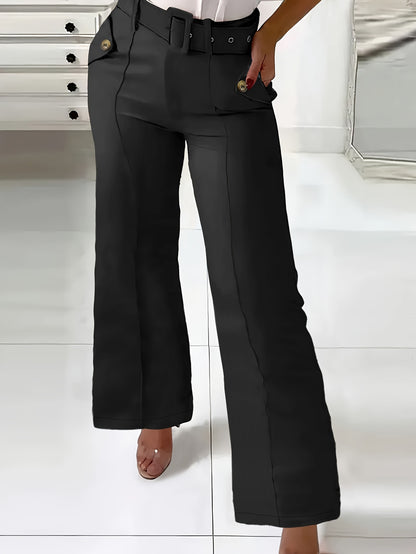 Women'S High-Waist Button-Detail Casual Straight Leg Pants, Solid Color, Polyester, with Belt, for All-Season Woven Trousers