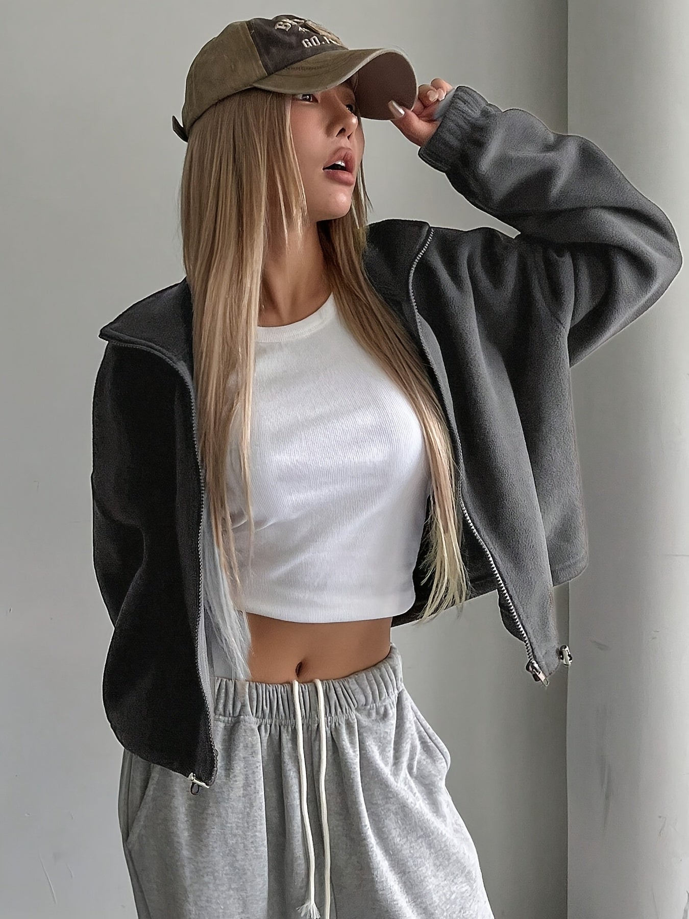 Women'S Casual Zippered Front Drawstring Hem Jacket - High-Neck Long Sleeve with Pockets, All-Season Comfort, Machine Washable, Versatile for Casual Attire, Casual Wear Jacket | Highneck Jacket | Zippered Jacket