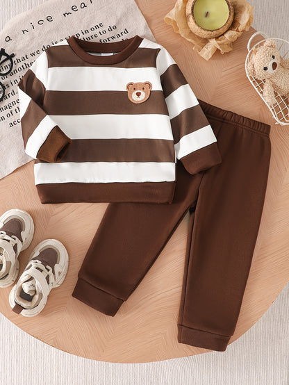 Baby Boy Fall Winter Striped Velvet Sweatshirt and Pants Set