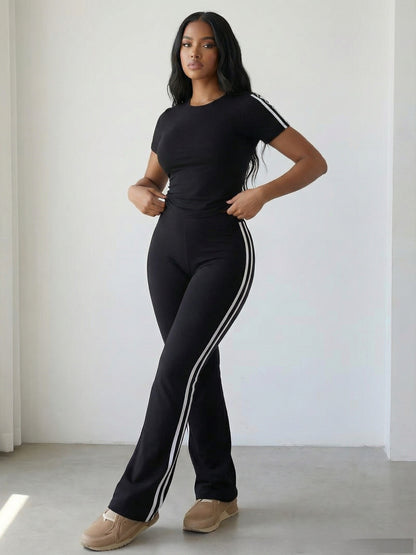 Sla Yue Lingshan Spring/Summer Solid Color Striped 2pcs Set, Women's Short Sleeve Flared Pants Suit, Slim Fit Swear, Casual Loungewear, High-Waist Slightly Flared Long Pants