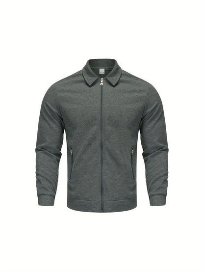 1pc Men'S Casual Polyester Zip-Up Jacket with Lapel Collar, Solid Color, Slight Stretch, Woven Fabric, Regular Fit, No Lining - Spring/Fall Outerwear