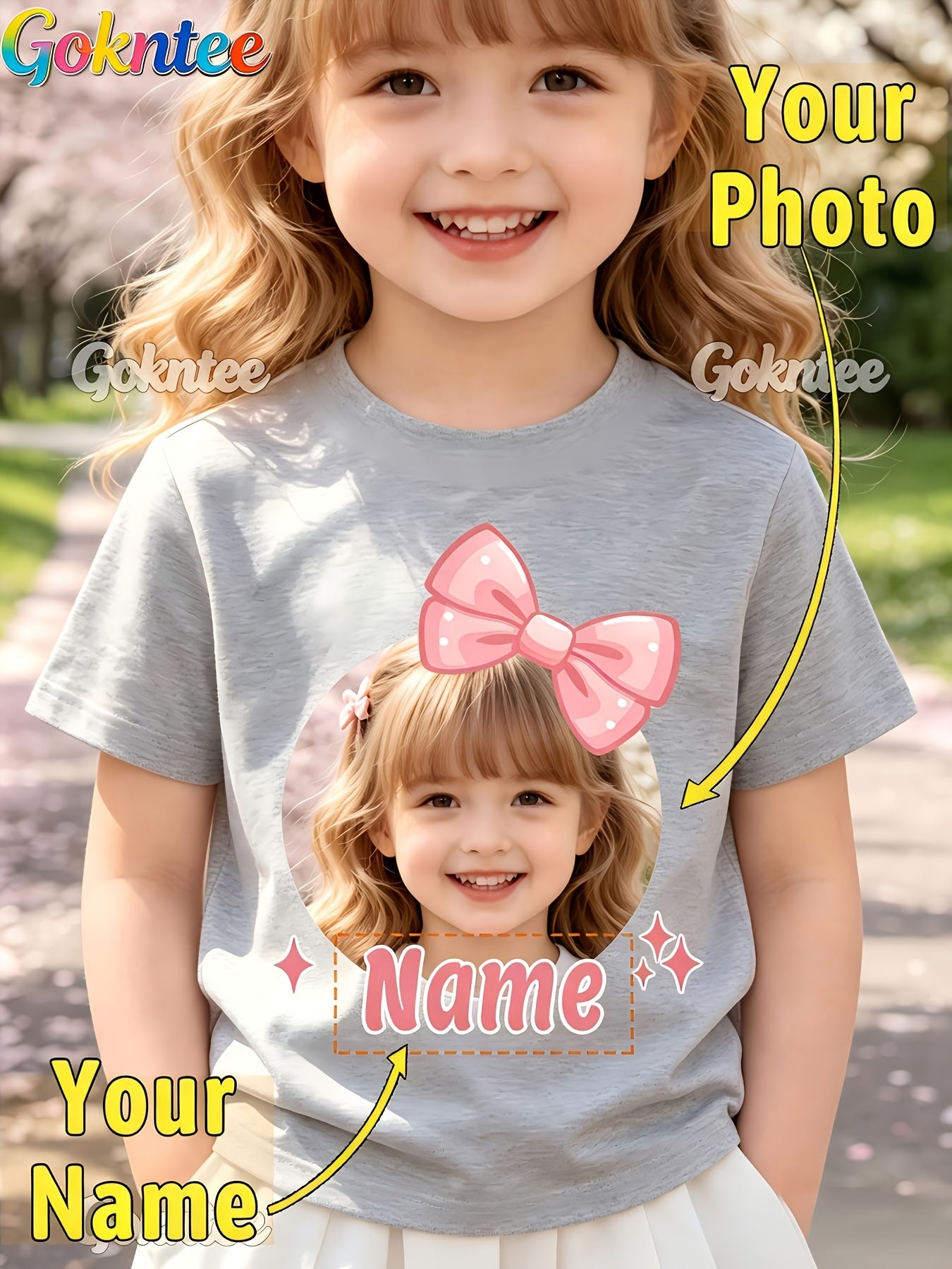 Girls' Personalized Cartoon T-Shirt with Pink Bow, Crew Neck