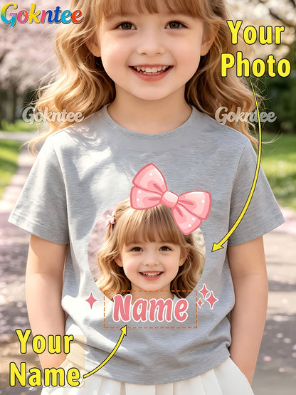 Girls' Personalized Cartoon T-Shirt with Pink Bow, Crew Neck