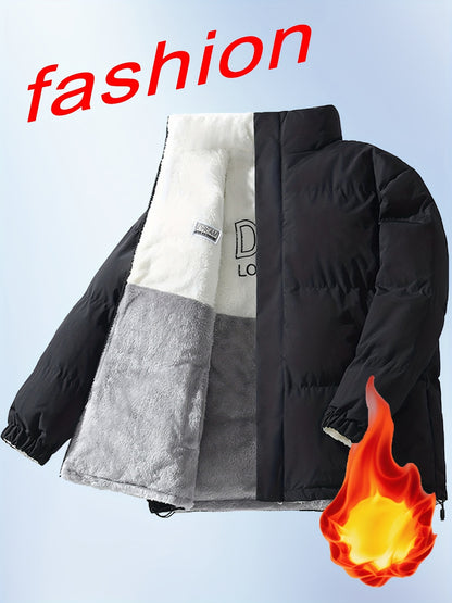 Տղամարդու երկկողմանի բրդյա ծածկույթով հաստ բաճկոն՝ առօրյա կանգնած օձիքով՝ տառերի տպագրությամբ, սովորական չափսերով, գրպաններով, պոլիեսթերային լցոնով, բազմակողմանի աշուն/ձմեռ համար, ձմեռային բաճկոն