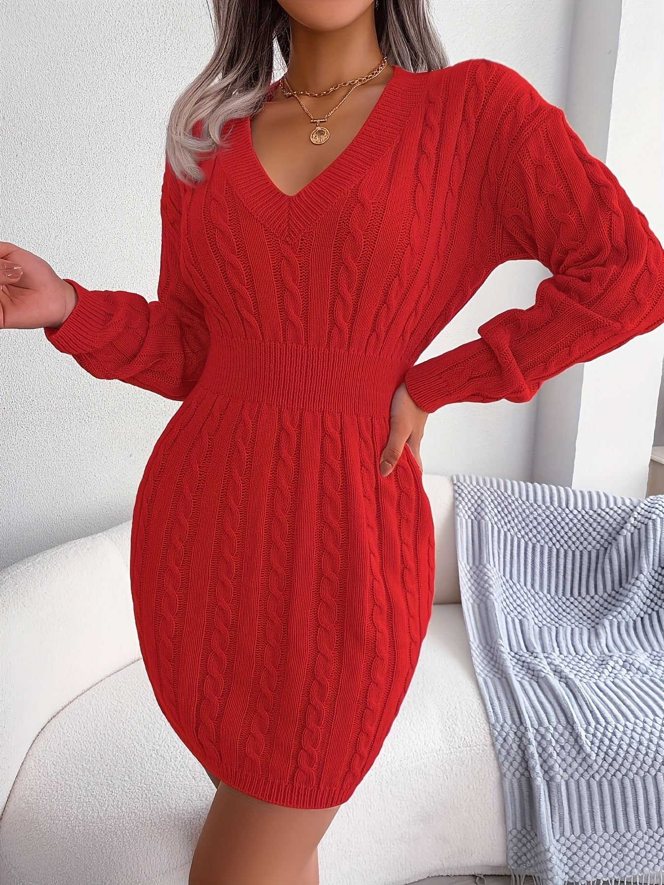 Women's White/ Twist- V-Neck Shorter-to-Oversized-Hem White Button-like Placket (No Buttons) Dress - Full-Length Long Sleeve Winter Winter Short/Long Dress (No) - Slim-Fit Tummy Control for Fall/Winter (Low-Maintenance