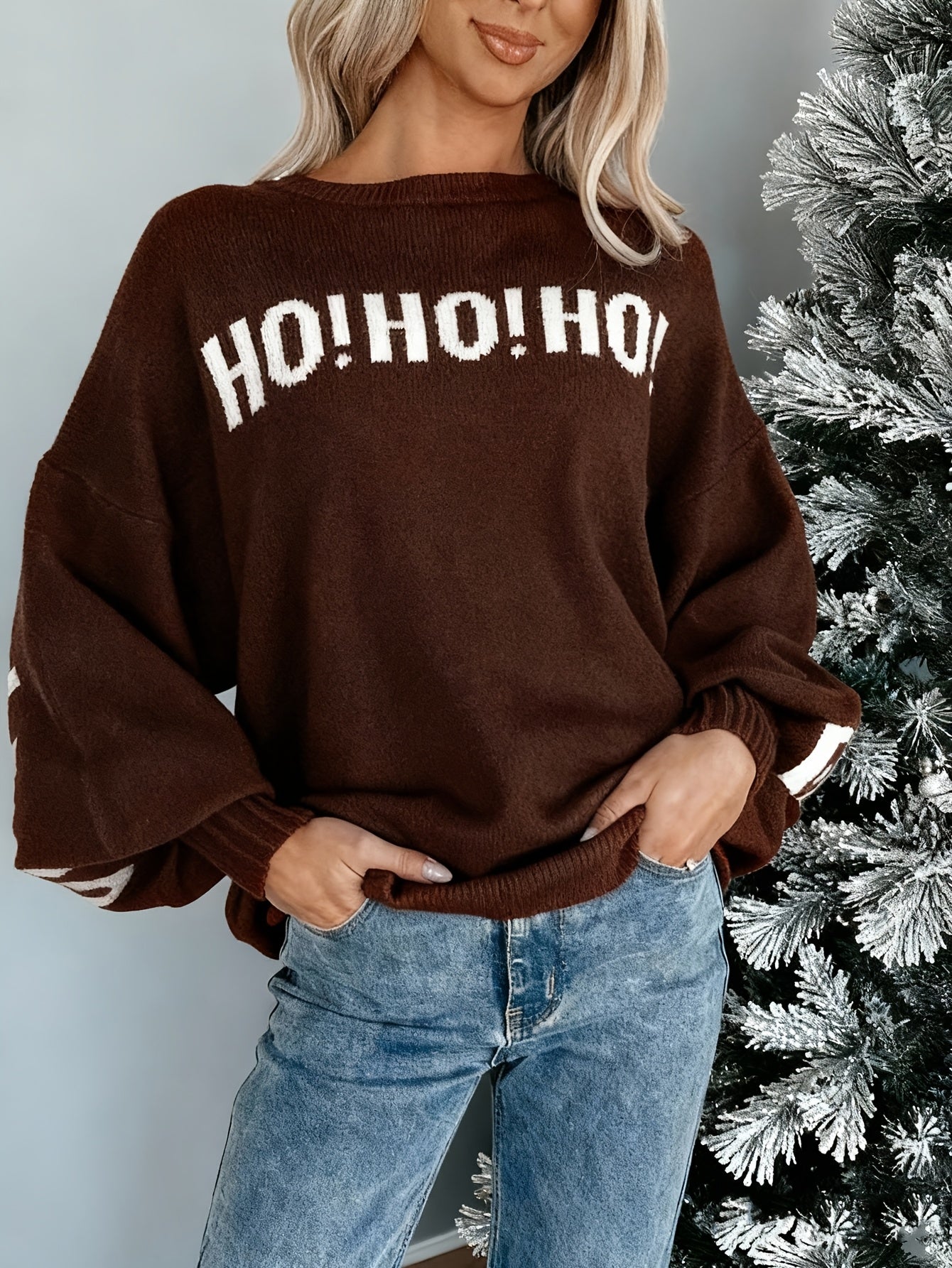 Autumn/Winter New Arrival Niche Cardigan for Women, Lazy Style Sweater Top with Wine Red and Coffee Color Letter Print, Round Neck Pullover with Designer Pattern, Casual Elegant Winter Top, Urban Commute Basic Versatile Style