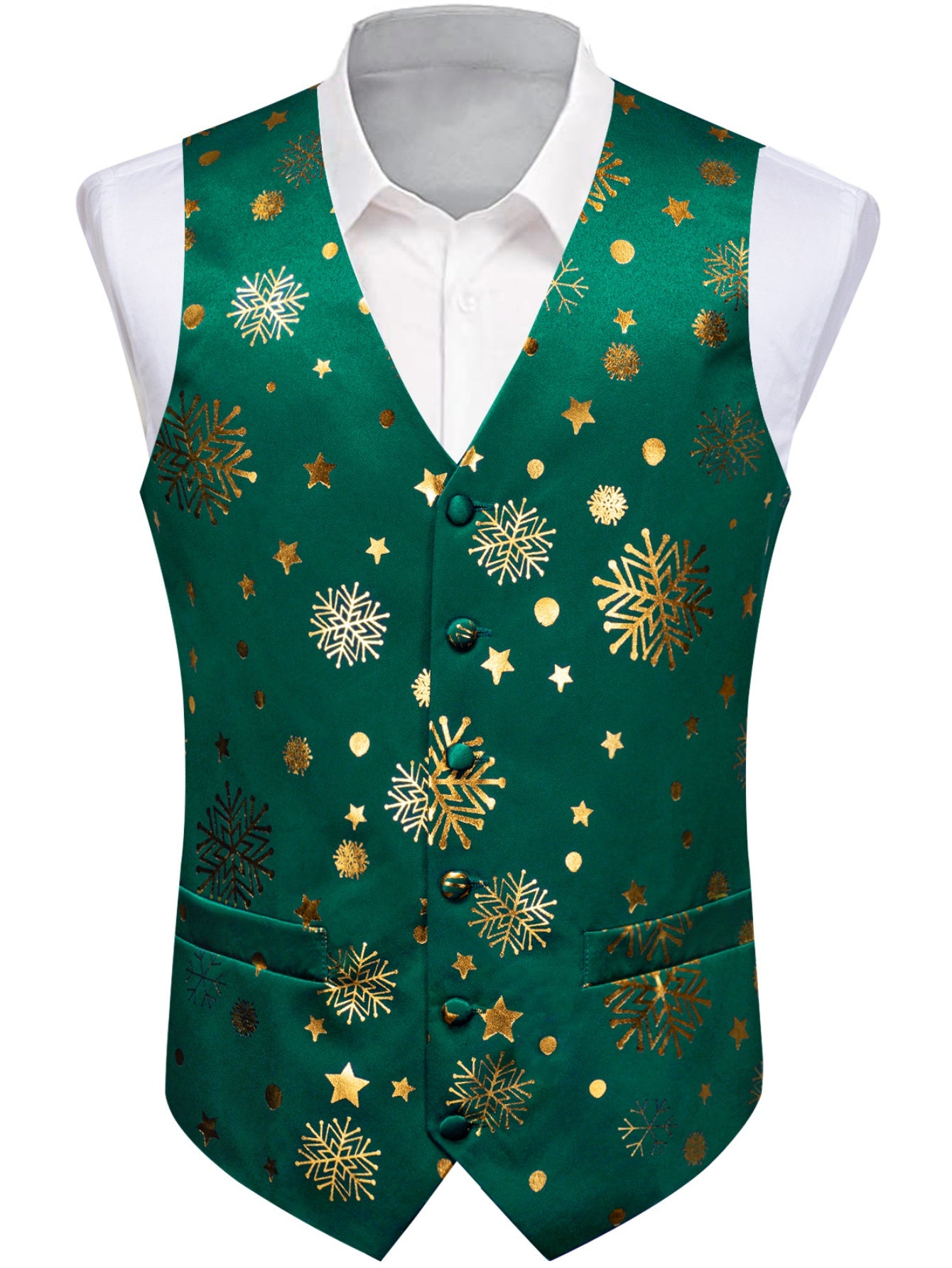 DOCAPEITON Men'S Christmas Vest - Formal & Casual Holiday Party Outfit with Button Front Closure, Non-Stretch Fabric - Green & Golden Snowflake, Tree, Firework Designs - Perfect for Xmas, New Year's, Weddings - Adult Men'S Fe