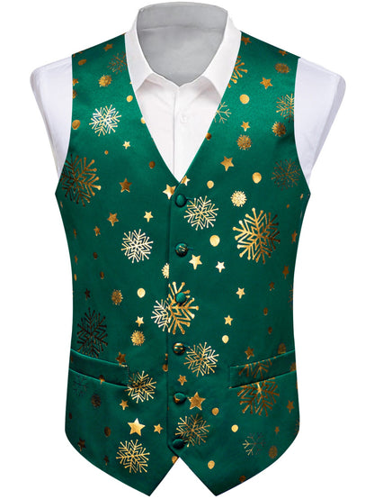 DOCAPEITON Men'S Christmas Vest - Formal & Casual Holiday Party Outfit with Button Front Closure, Non-Stretch Fabric - Green & Golden Snowflake, Tree, Firework Designs - Perfect for Xmas, New Year's, Weddings - Adult Men'S Fe