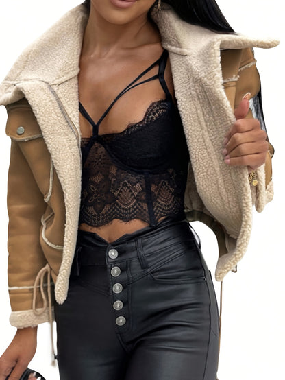 Women's Suede-Like Lamb Fleece Jacket - Winter Warm Coat with Full-Zip Closure, Collar & Plush | Hand Washable Soft Outerwear for Fall & Winter | Cozy Casual Outer Layer (No Dry Clean) | Lamb Fleece Coat for Cold Weather