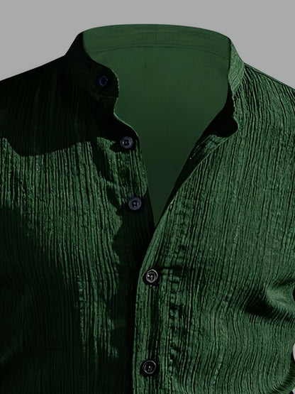 Men's Casual Solid Color Short-Sleeve Shirt with Stand Collar