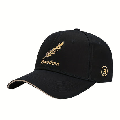 Men's Adjustable Baseball Cap with Feather & Freedom Embroidery - All-Season, Sun Protection, Black Washed Polyester, Sun Visor, Outdoor Sports, Perfect Choice