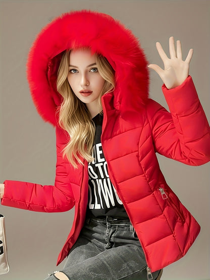 Women'S Red Winter Hooded Jacket with Plush Faux Fur Trim - Cozy Long Sleeve Zip-Up Coat, Slim Fit Casual Outerwear, Side Pockets, Warm & Stylish for Fall/Winter, Winter Jacket, Fall Fashion, Elegant Design, Soft Texture, Fas