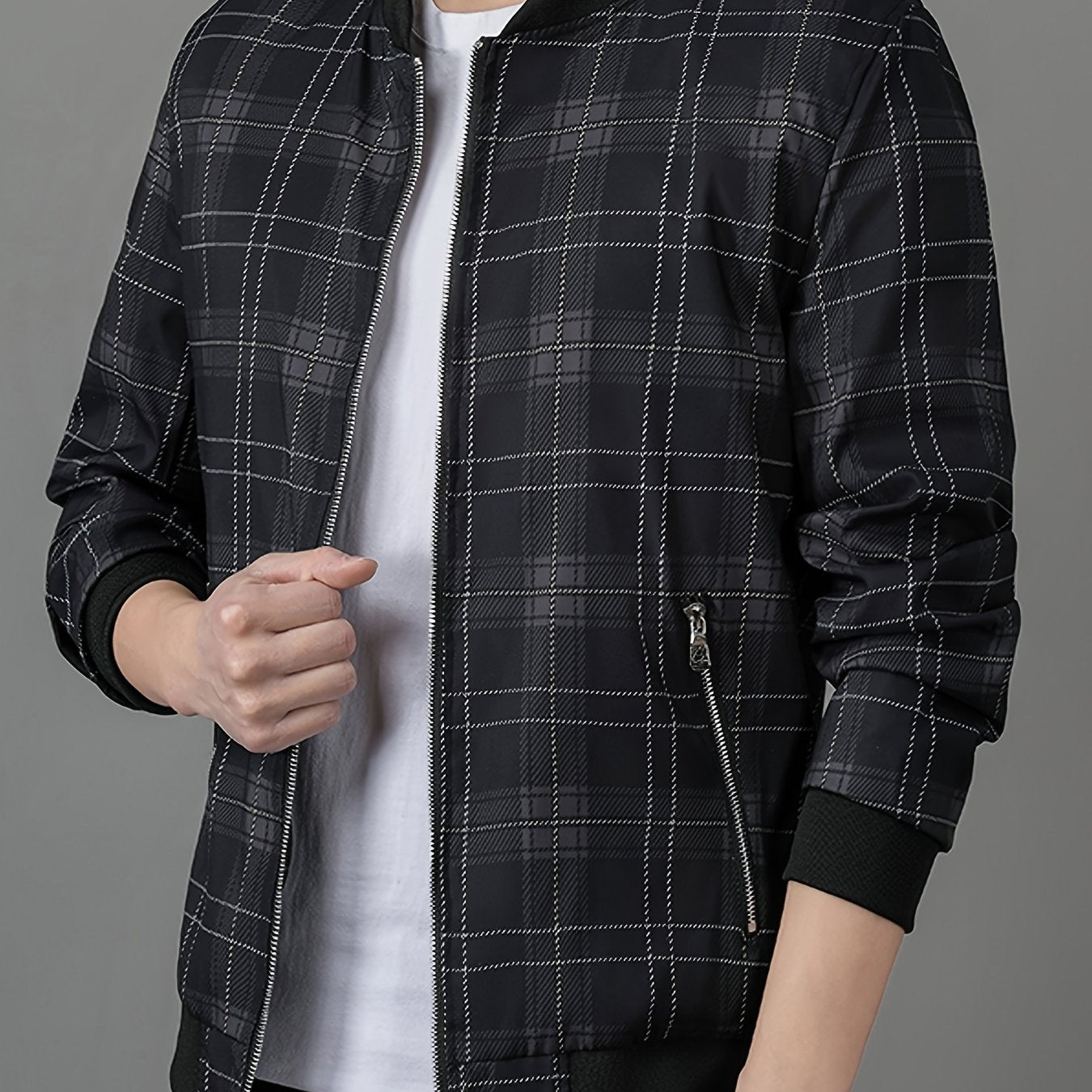 Men's Lightweight Baseball Jacket - Navy Blue & Black Plaid Zip-Up Coat, Non-Stretch Fabric for Formal & Casual Outfits - Spring/Fall Outerwear Jacket, Outdoor Wear, Classic Collar, Quality Stitching, Stylish Coat, Fashioncon