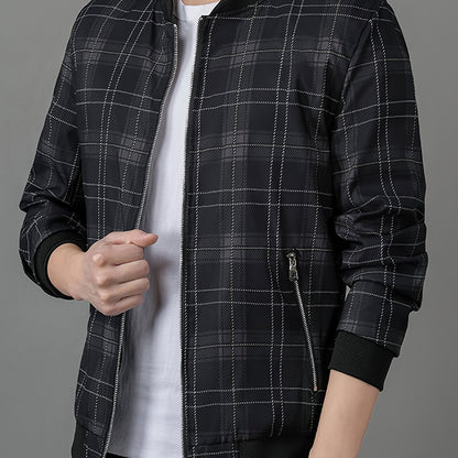 Men's Lightweight Baseball Jacket - Navy Blue & Black Plaid Zip-Up Coat, Non-Stretch Fabric for Formal & Casual Outfits - Spring/Fall Outerwear Jacket, Outdoor Wear, Classic Collar, Quality Stitching, Stylish Coat, Fashioncon
