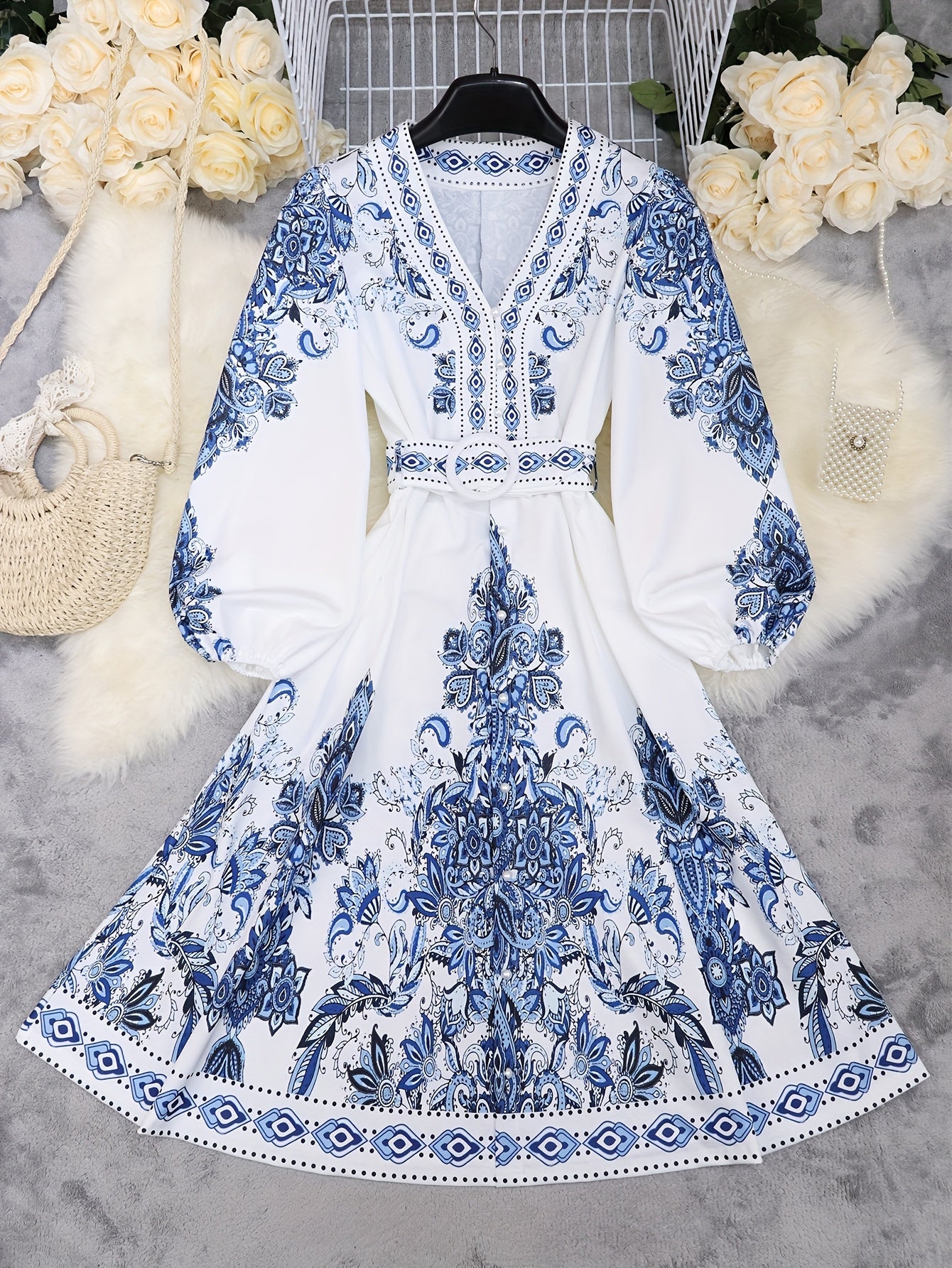 Holiday Cheer] Women's Bohemian Floral Print Half-Sleeve Midi Dress with Belt - V-Neck, Lightweight Polyester, Perfect for Summer Vacations, Casual Summer Wear|Print Casual Dress|Lightweight Dress, Holiday Dress