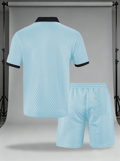 Men's Casual Summer Knitted Polo Set with Geometric Pattern
