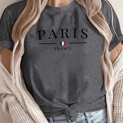 New Arrival: Paris Creative Letter Pattern Printed T-Shirt, Suitable for Women'S Casual Wear, Vacations, Short Sleeves, Round Neck, Spring And Summer, Machine Washable, New Women'S Clothing, Versatile for Outings And Sports.