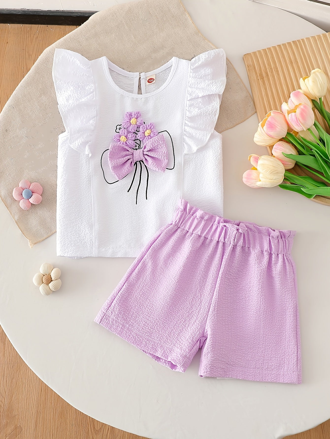 Girls' Summer Two-Piece Set with Floral Sleeveless Top & Shorts