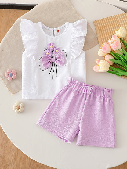 Girls' Summer Two-Piece Set with Floral Sleeveless Top & Shorts