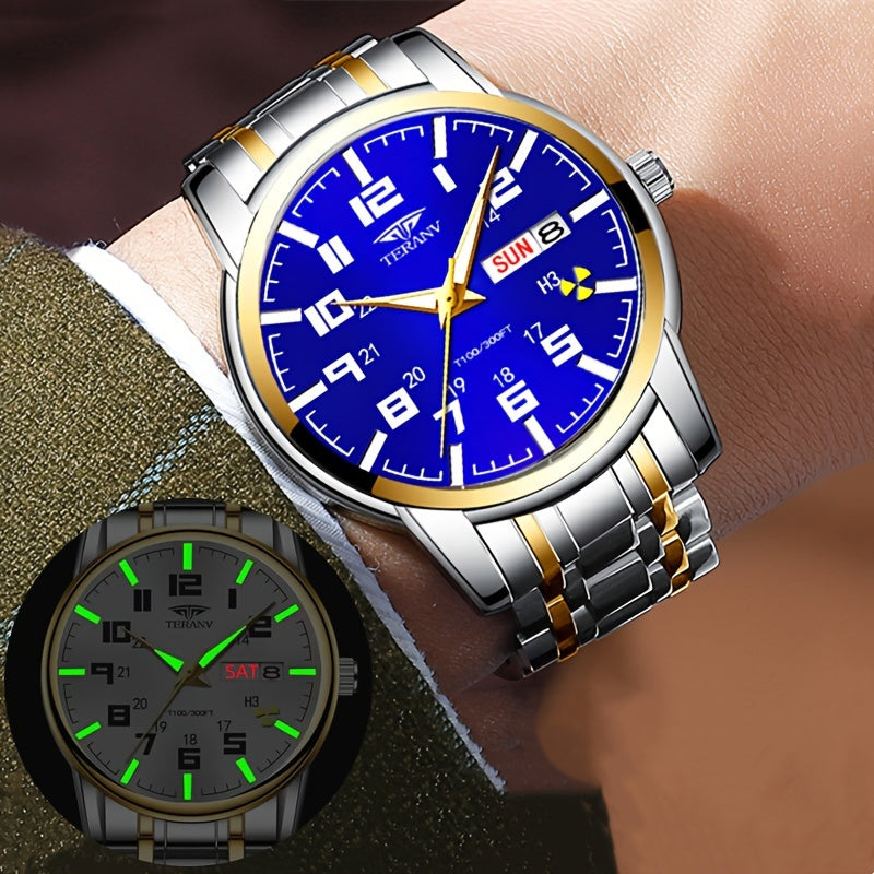 1pc New Stainless Steel with Digital Men's Watch Calendar Week Display Fashion Trend Life Travel Luminous Casual Sport Business Watch Ideal for Birthday Gifts Holiday Gifts Gifts