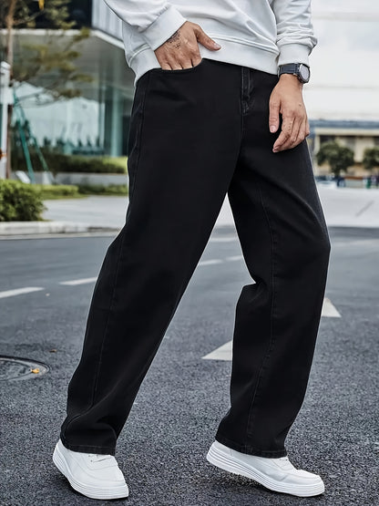 Men's Classic Straight Leg Denim Jeans - Loose Fit, Cotton Blend, Solid Color Black, Street Style, Comfortable & Versatile for All Seasons, Casual Streetwear|Street Style Pants|Nonstretch Fabric