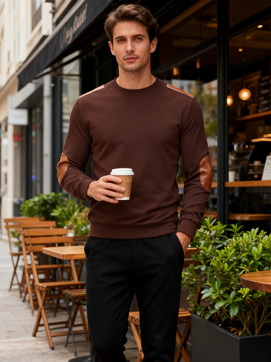 Men'S Classic Fashion Crew Neck Long-Sleeved Top | Light and Comfortable Fabric with Contrast Beige Patches for Enhanced Durability, Regular Fit, Ideal for Daily Leisure, Street Fashion, Outdoor Activities, and Light Fitness