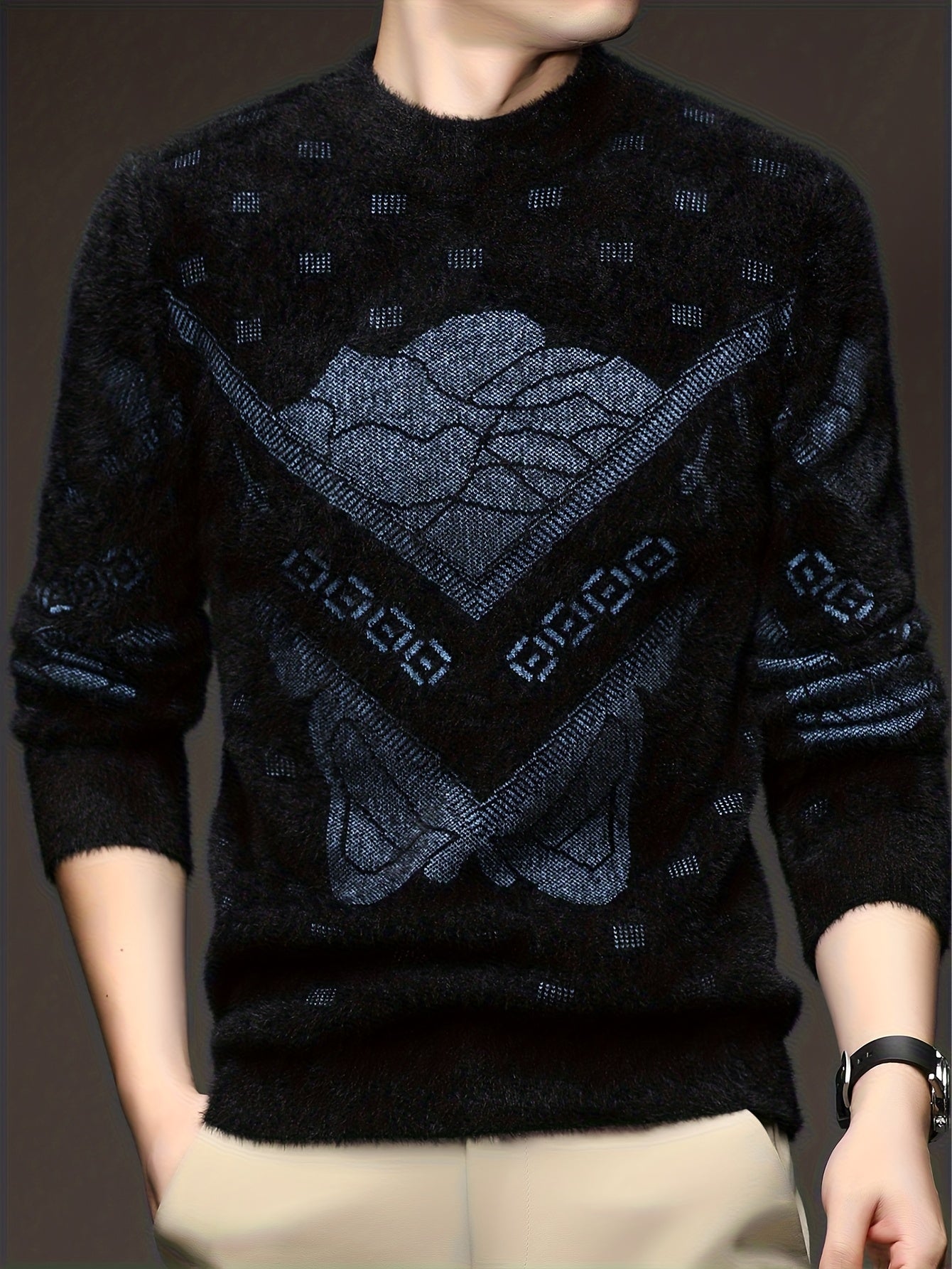 Men'S High-End Crew Neck Sweater | Fashionable Thick Warm Knitted Pullover with Floral Pattern and Hot Stamping for Fall/Winter