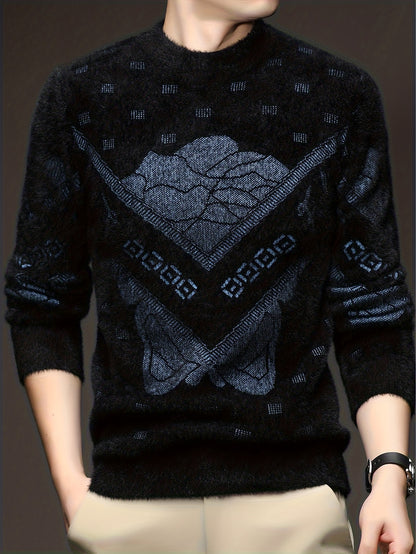 Men'S High-End Crew Neck Sweater | Fashionable Thick Warm Knitted Pullover with Floral Pattern and Hot Stamping for Fall/Winter