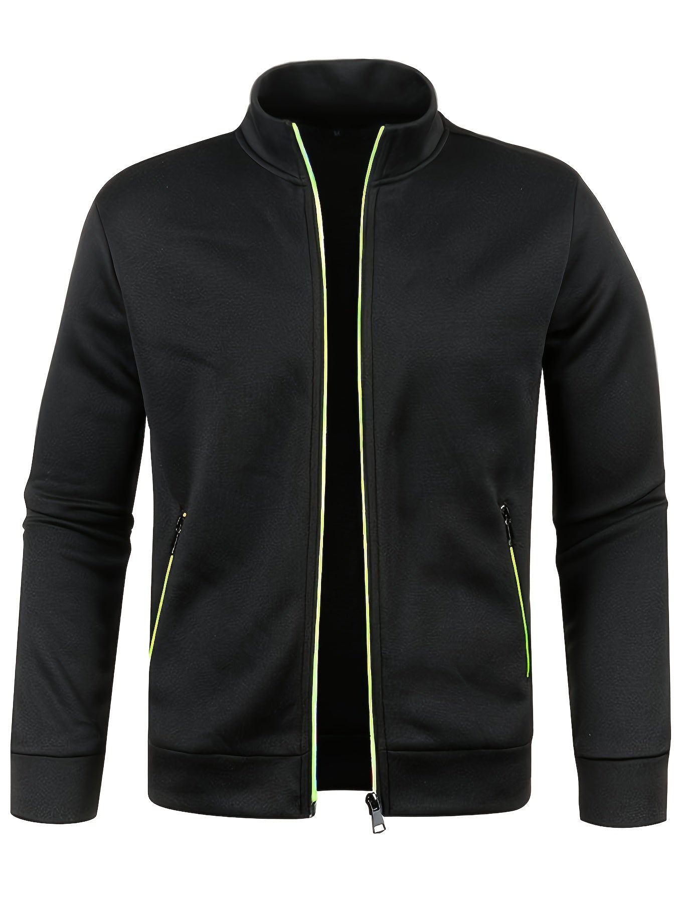 Men's Stand Collar Jacket - Full-Zip Casual Athletic Coat, Light Grey with Lime Accents, Zippered Front Closure for Gym, Office, Everyday - Machine Washable Outerwear, Gym Wear, Sporty Design, Smooth Texture, Lightweight Coat
