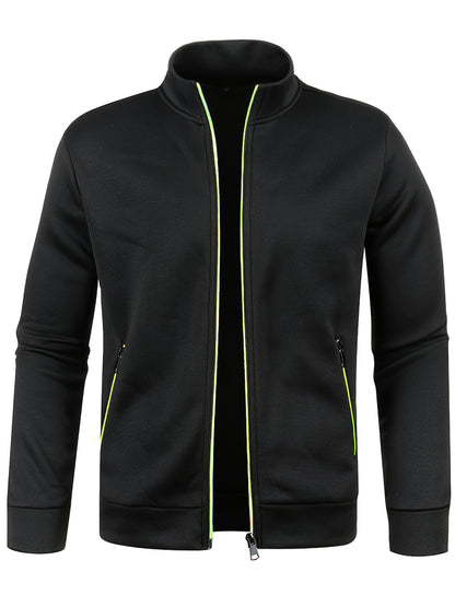Men's Stand Collar Jacket - Full-Zip Casual Athletic Coat, Light Grey with Lime Accents, Zippered Front Closure for Gym, Office, Everyday - Machine Washable Outerwear, Gym Wear, Sporty Design, Smooth Texture, Lightweight Coat