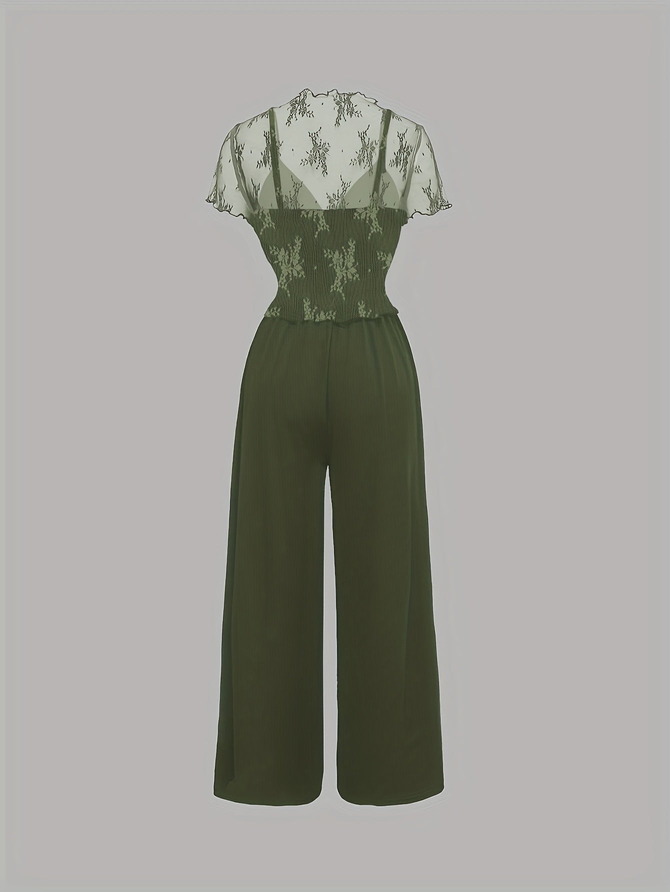 Elegant Mesh Long Sleeve Crop Top & Bodycon Wide-Leg Jumpsuit Set - Chic V-Neck, Ruched Detail, Black Mesh Blouse with Spaghetti Straps, Wide Leg Pants for Spring/Summer, Women'S Fashion, Clothing | Relaxed Fit | Chic Desig