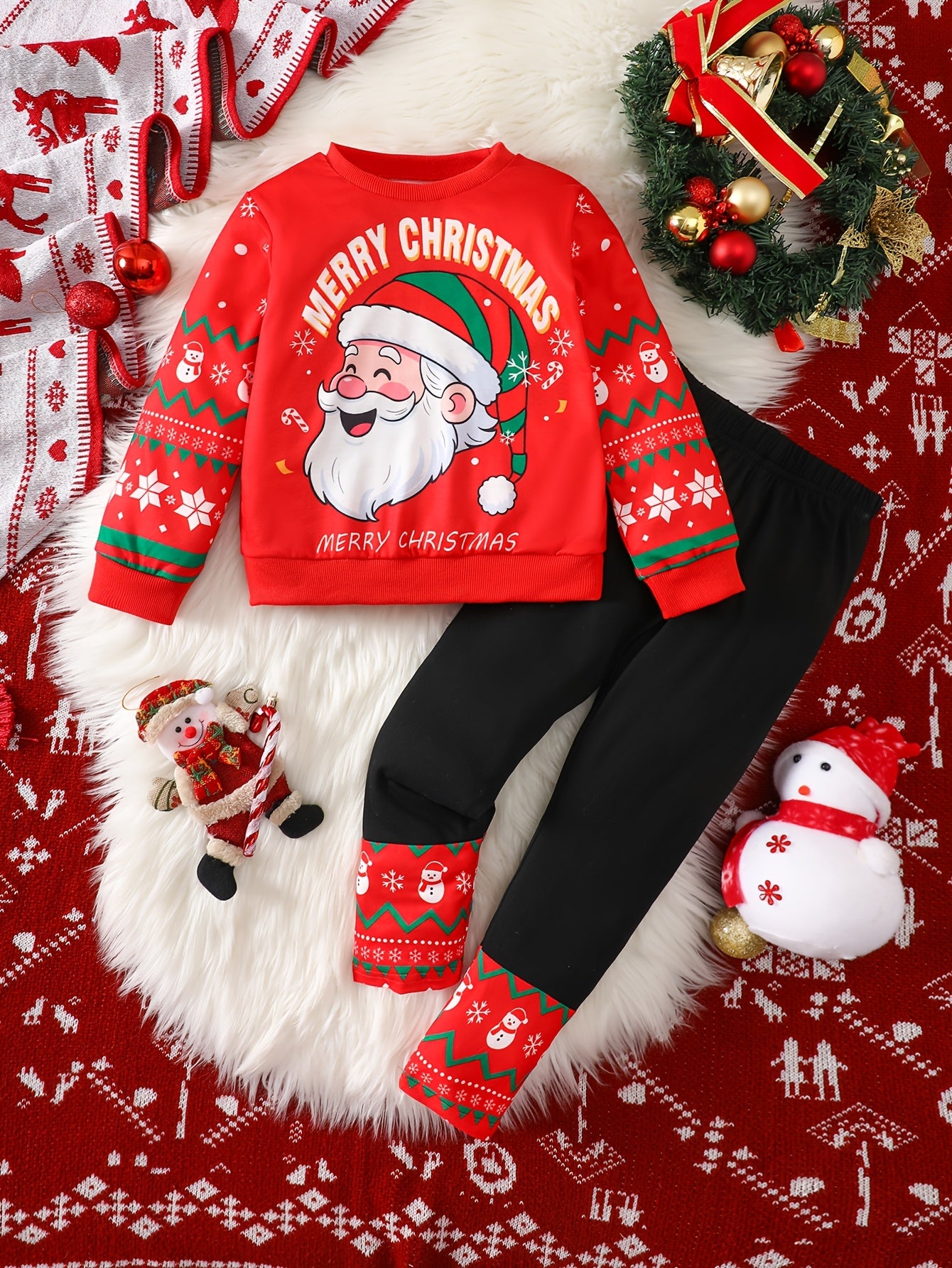 2pcs Girls' Christmas Outfit Set - Red Long Sleeve Top & Black Pants with Santa Claus, Snowflakes & SnowChildren - Cozy Winter Party Outfit for Christmas Day, for Outdoor, Christmas Clothes, Festive Clothing, Holiday Clothing